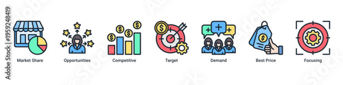 Market Intelligence web banner icon vector illustration with Market Share,Opportunities,Competitive,Target,Demand,Best Price,and Focusing