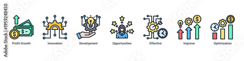 Business Growth web banner icon vector illustration with Profit Growth,Innovation,Development,Opportunities,Effective,Improve,and Optimization