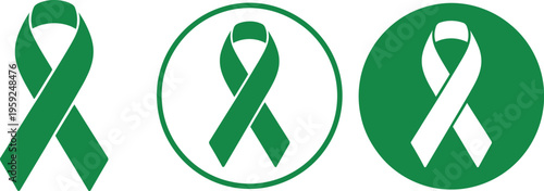 Mental health awareness ribbon icon set, minimalist black and white vector symbols representing mental health support, advocacy, and wellbeing campaigns.