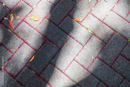Vibrant fallen leaves rest on a gray brick walkway with striking red fibers filling the gaps