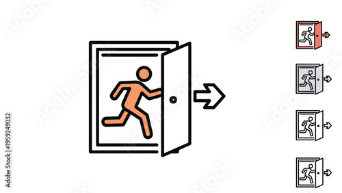 Emergency exit sign showing a figure running through an open door with an arrow indicating the direction to safety.