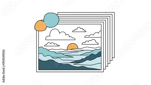 Stylized graphic showing a stack of four photographs with the top image displaying a serene mountain landscape and a sunset.
