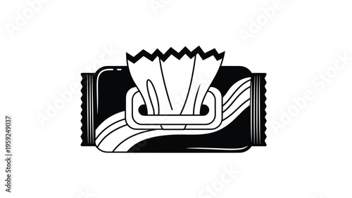 Pack of wet wipes or antibacterial tissues in black and white line art style for hygiene and personal cleanliness concepts.