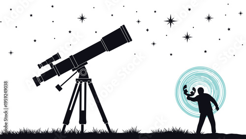 Silhouette of an astronomical telescope on a tripod under a starry night sky with a person observing the vast universe and space.