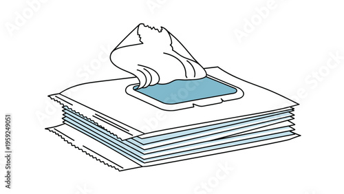 Line art illustration of a pack of baby wipes or wet tissues with a top flap partially open to reveal a single cloth coming out.
