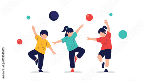 Flat vector illustration of three children in colorful clothes doing physical exercises or yoga poses amidst floating colored spheres.