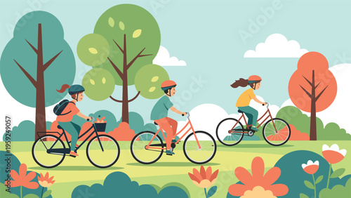 Group of children wearing safety helmets riding bicycles on a path through a vibrant park filled with trees and flowers.