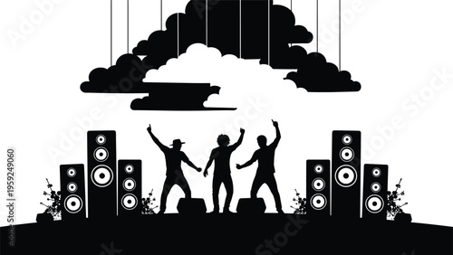 Silhouette of people dancing and celebrating on a stage with large speakers under heavy clouds in a music festival.