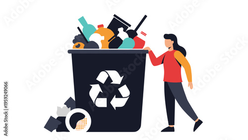 Woman standing beside a large recycling bin overflowing with sorted waste materials like bottles and containers.