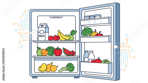 Open refrigerator door reveals shelves stocked with fresh fruits, vegetables, milk, and healthy grocery items.