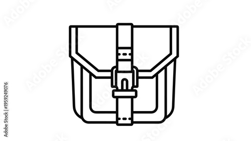 Minimalist outline drawing of a durable school backpack or satchel featuring a single vertical buckle strap for closure.