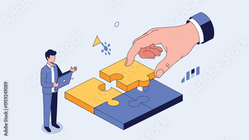 Businessman with a laptop watching a giant hand place the final puzzle piece to complete a successful business plan.