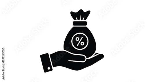 Black silhouette of a human hand holding a heavy money bag marked with a percentage sign for financial concepts.