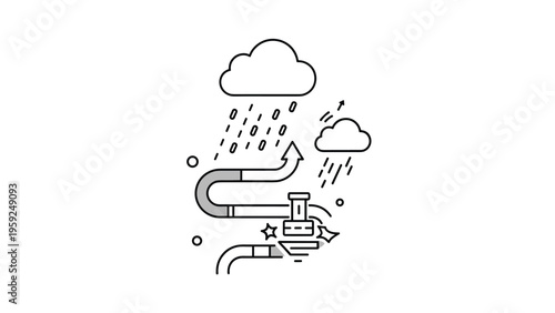 Abstract technical illustration showing a complex process involving weather elements, arrows, and mechanical parts.