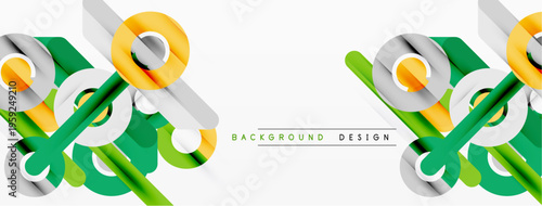 Abstract geometric shapes, green, gold, gray. Modern design elements create dynamic visual composition. Clean lines, simple forms.