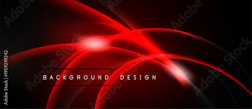 Abstract red lines create dynamic energy. Bright central glow emphasizes design elements. Dark background enhances visual impact.
