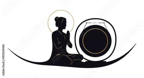 Silhouette of a person meditating peacefully beside a large gong, evoking tranquility and mindfulness.