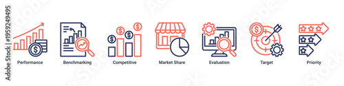 Performance Analysis web banner icon vector illustration with icons of Performance,Benchmarking,Competitive,Market Share,Evaluation,Target,and Priority