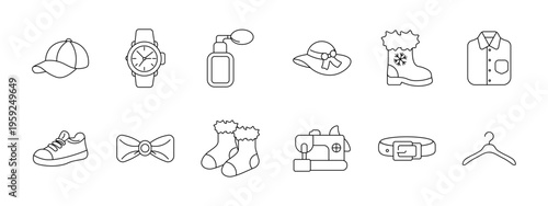 Clothing fashion accessories set icon. Cap watch perfume hat boot shirt sneaker bow socks sewing machine belt hanger depict apparel style wardrobe tailoring.