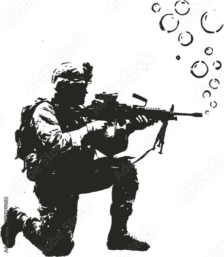 Stencil art of a soldier shooting bubbles from a rifle