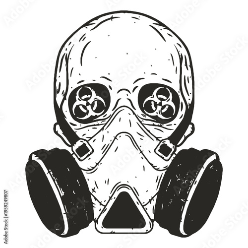 A black and white illustration of a gas mask isolated on transparent background