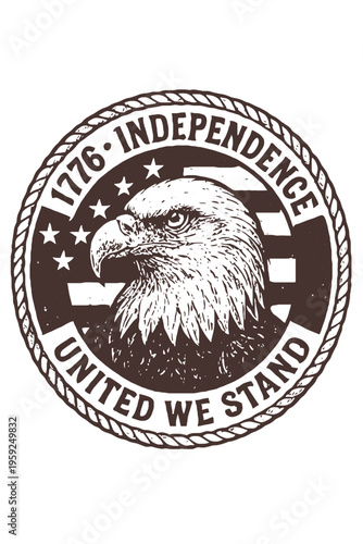 American bald eagle head with patriotic text and stars isolated on transparent background