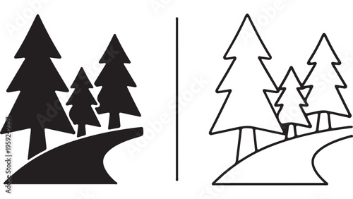 Three pine trees on a hillside