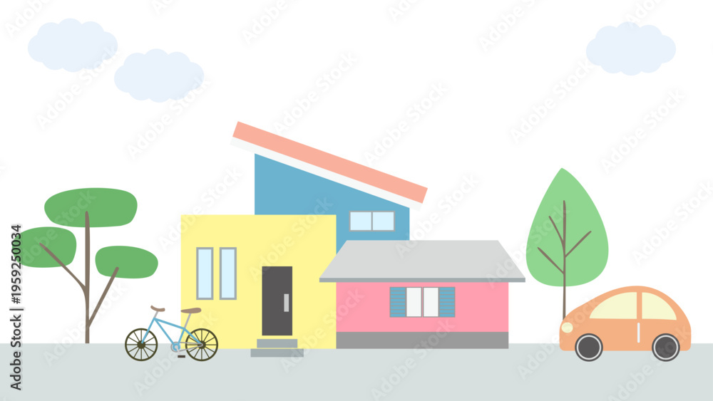 Fototapeta premium カラフルな一軒家と木と自転車の街並み背景イラスト素材