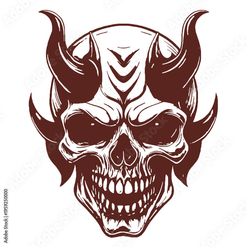 A skull with horns and a menacing grin isolated on transparent background