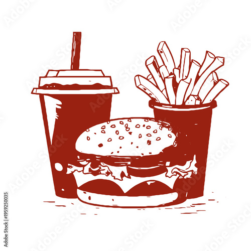 A red drawing of a fast food combo isolated on transparent background