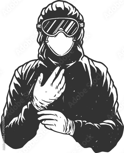 Person wearing a protective suit and goggles isolated on transparent background