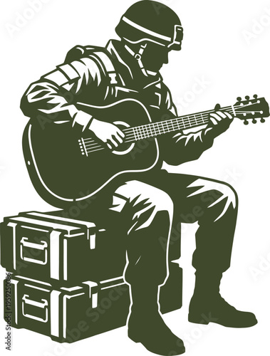 Soldier playing acoustic guitar sitting on supply boxes black and white vector