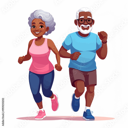 Happy elderly African American couple jogging together, smiling and active, in a cheerful cartoon style.
