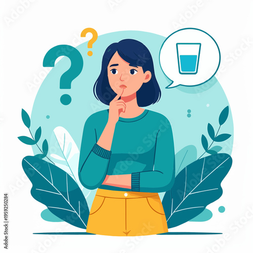 A thoughtful woman contemplating her hydration needs, with a question mark and a glass of water in her thought bubble.
