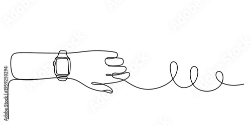 Continuous line drawing of a hand wearing a smartwatch with a trailing line on white.