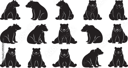 Vector set of grizzly and brown bear silhouettes in various sitting and resting poses.