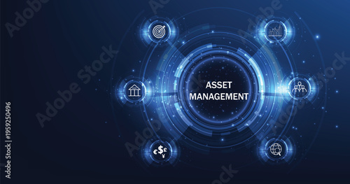 Asset management concept. Business investment asset management technology concept on a dark blue background.	