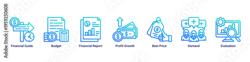 Financial Insight web banner icon vector illustration featuring Financial Guide,Budget,Financial Report,Profit Growth,Best Price,Demand,and Evaluation