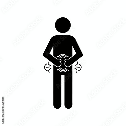 Stick figure man experiencing stomach ache bloating and intestinal gas vector icon.