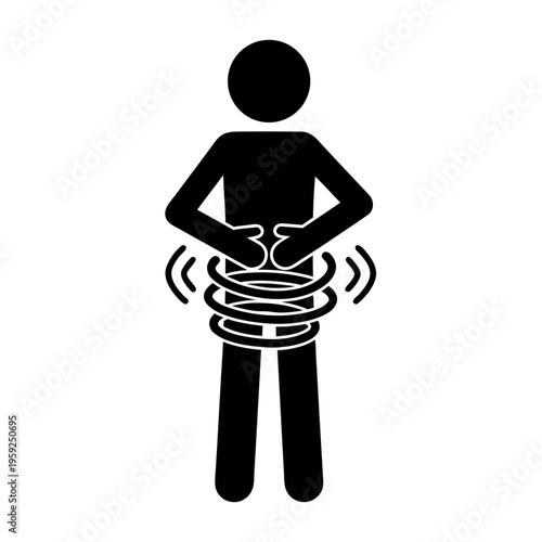 Stick figure person experiencing abdominal pain stomach ache and bloating vector icon.