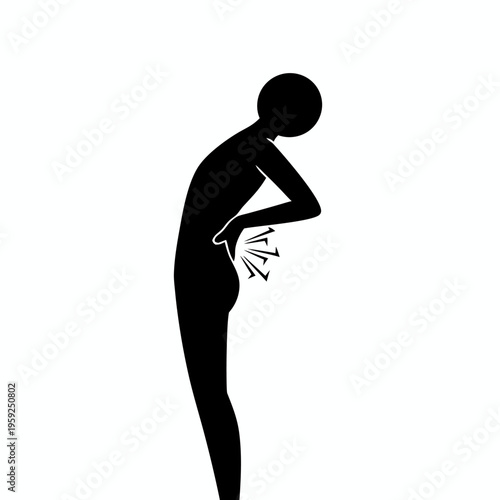 Stick figure silhouette standing and clutching lower back in severe pain vector icon illustration.