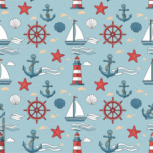 Seamless ocean pattern filled with nautical icons like anchors, sailboats, and sea stars