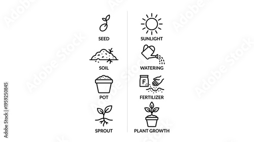 "Minimal line icons of plant growth stages including seed, soil, pot, watering, sprout, sun, fertilizer, mature plant."