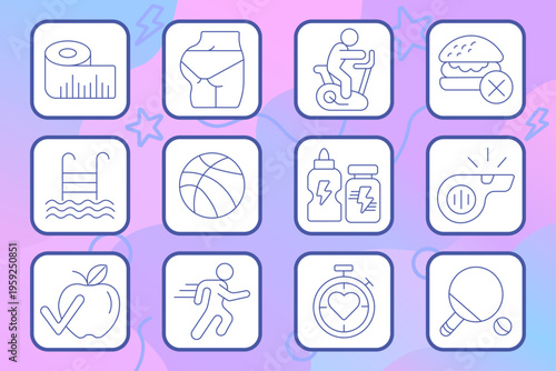 Photography studio set icon. Outline tiles, camera body, aperture shutter, softbox light, hand frame, ring light, film roll, crop tool, photo stack, tripod camera, exposure dial, clapperboard