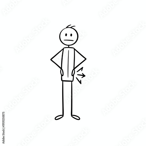 Stick figure person standing with hands on hips feeling hip pain or lower back discomfort line art vector illustration.