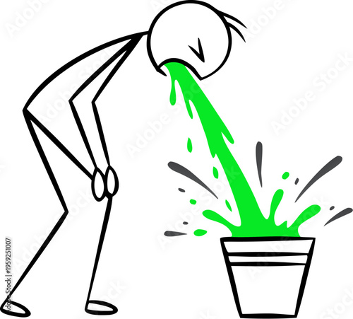 Stick figure person vomiting green liquid into a bucket due to food poisoning vector illustration.