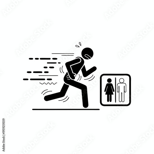 Stick figure person running fast towards public restroom while clutching stomach in pain vector icon illustration