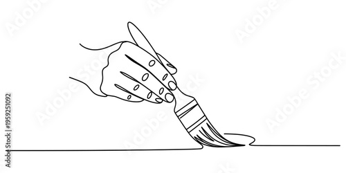 Continuous line drawing of a hand holding a paintbrush and painting a simple horizontal line