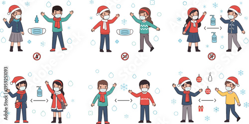 Winter holiday kids set with masks social distancing and Christmas activities vector illustration