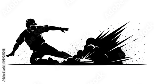 Baseball player sliding into base, dynamic action, dust cloud graphic